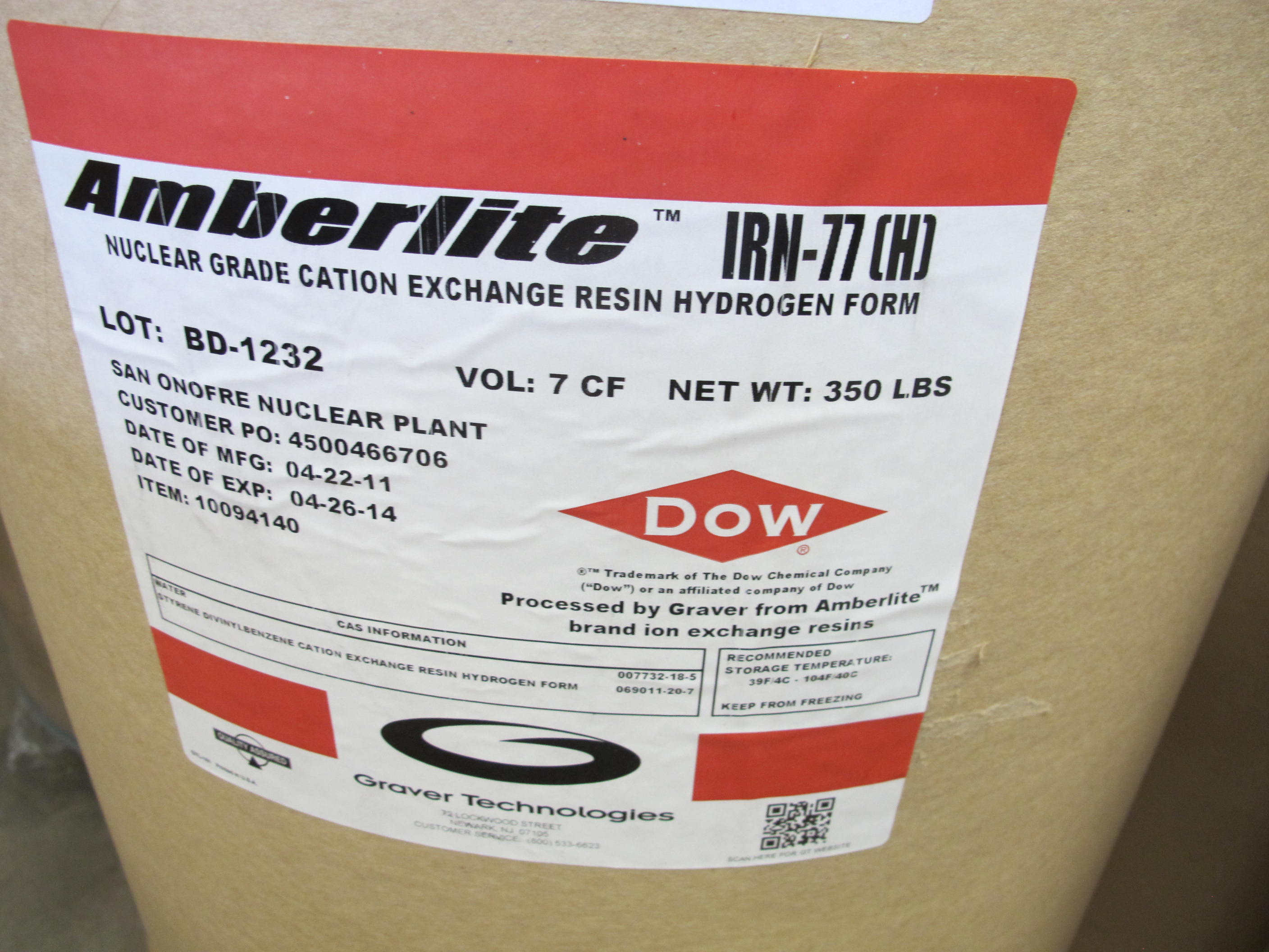 LOT RESIN, CATION EXCHANGE TYPE, 7 CF CONTAINER, HYDROGEN (NUCLEAR GRADE) FORM, GEL STRUCTURE, STRONG ACID KIND (W-44) LOADING & HANDLING FEE $15-